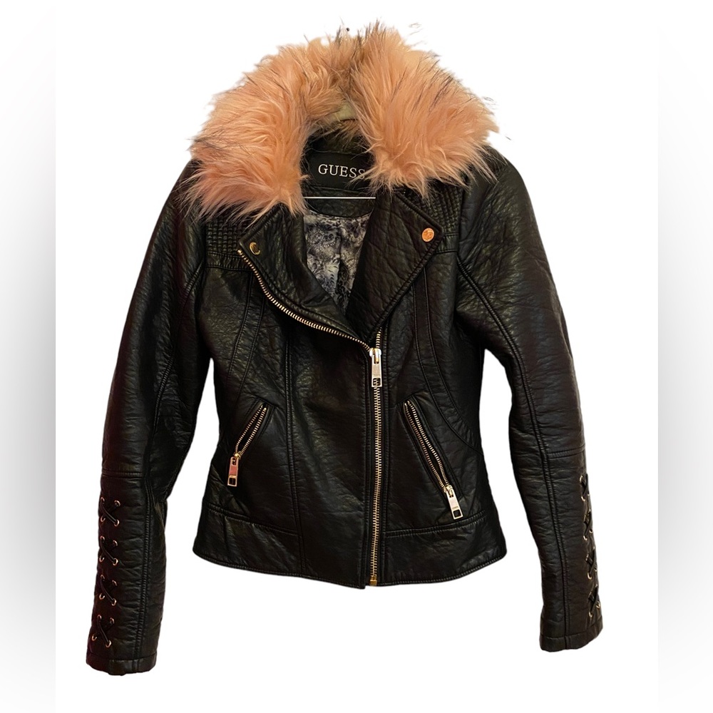 Guess Leather Jacket with Pink Fur Collar